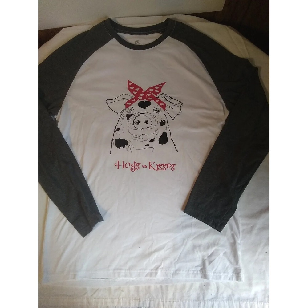 Hogs & Kisses T-shirt Womens M Heart Bandana Long Sleeve White Grey Motorcycle